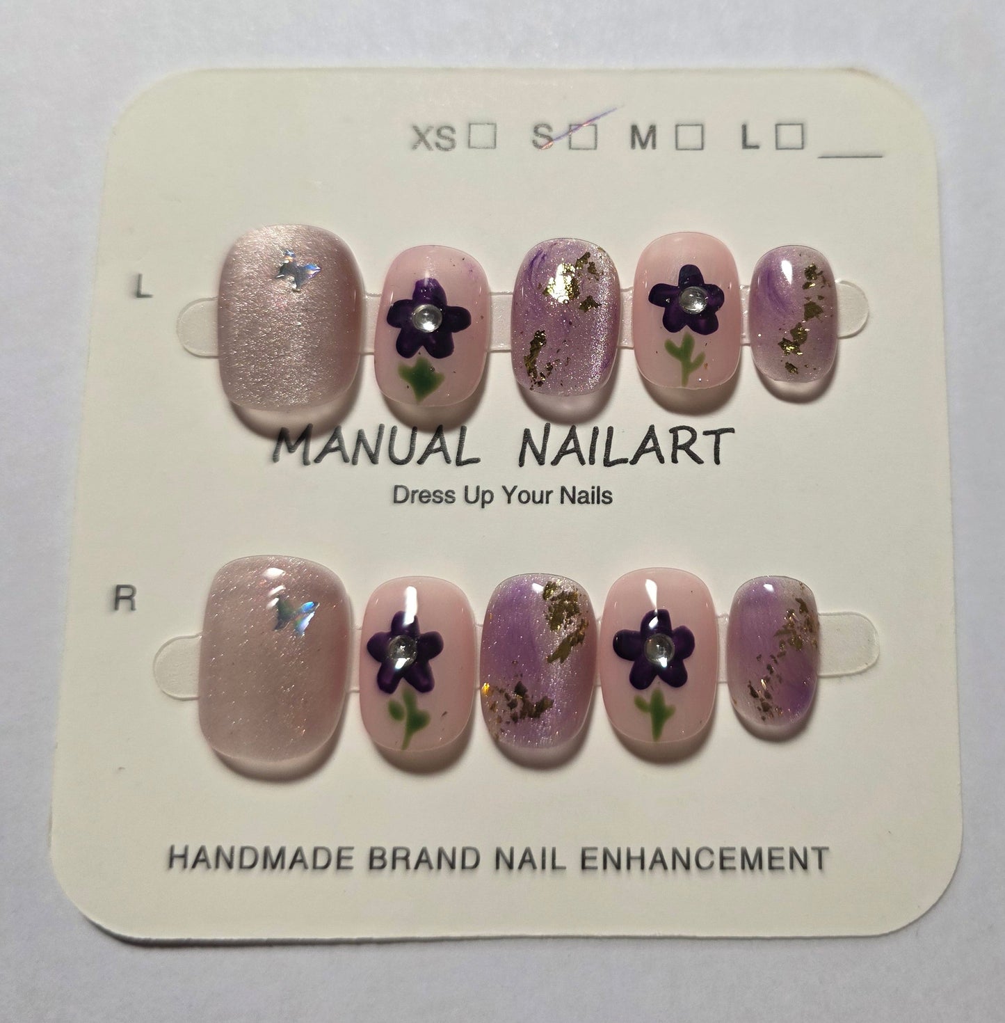 Ladies pink purple and gold cat eye with cyte flowers press on nails small