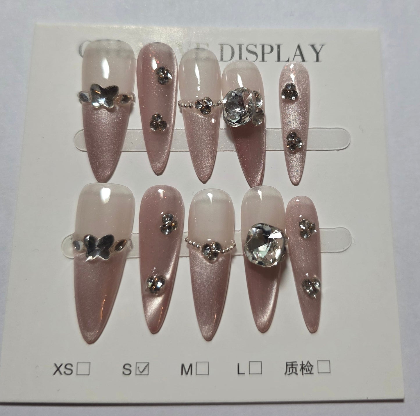 Ladies white and light rose pink cateye with butterfly and dainty flower stilleto design press on nails small long