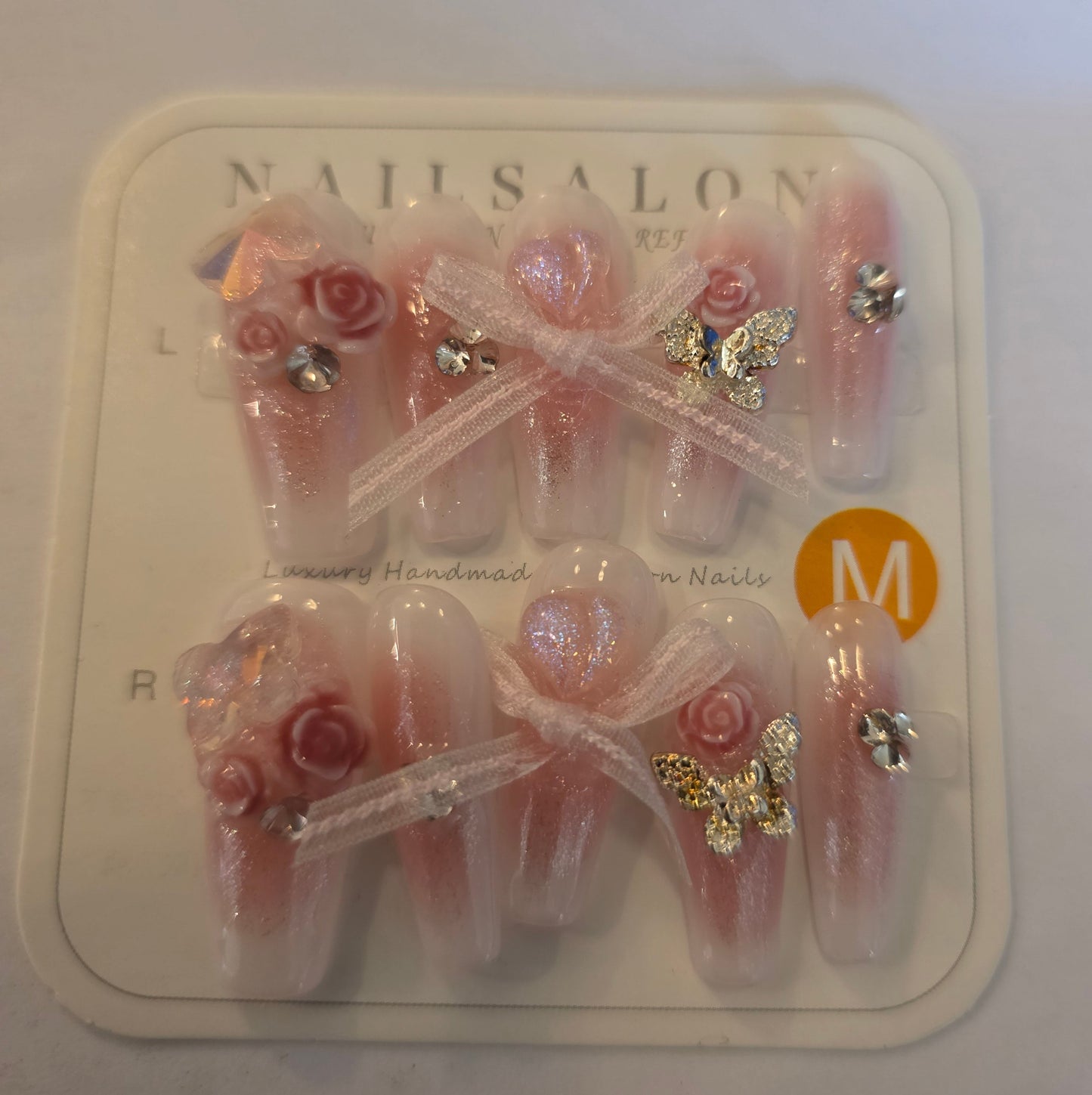 Ladies ballerina rose pink press on nails with charms medium