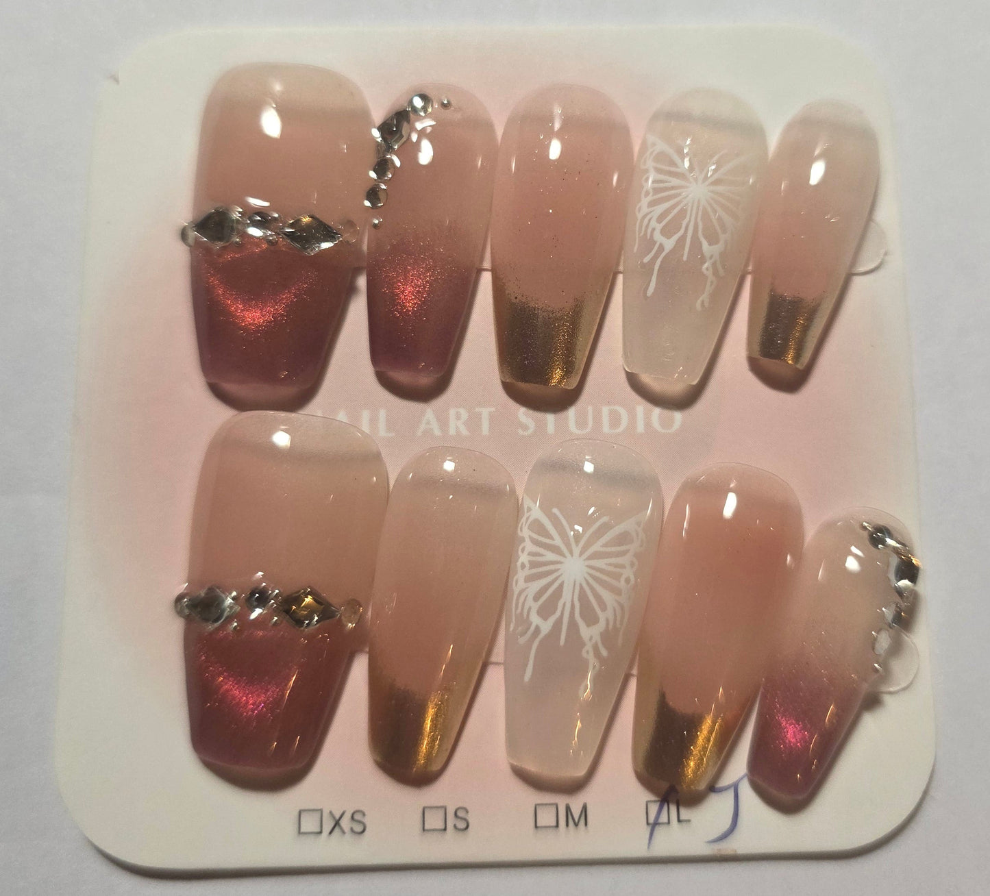 Ladies ballerina silver and pink wity gems press on nails large