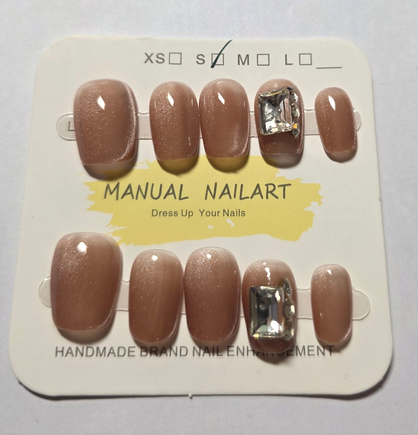 Ladies nude cateye with single gem design press on nails small