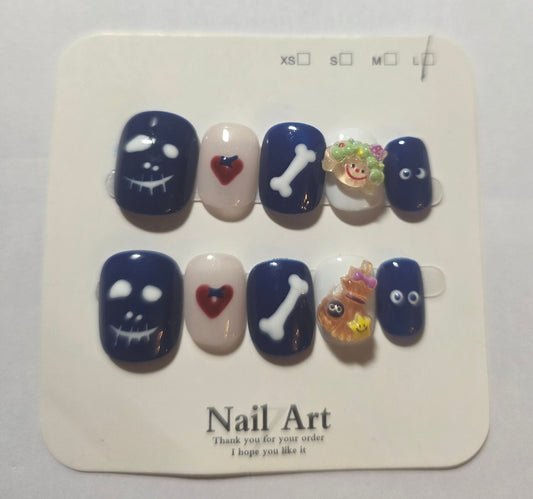 Ladies blue and white square shaped halloween press on nails large