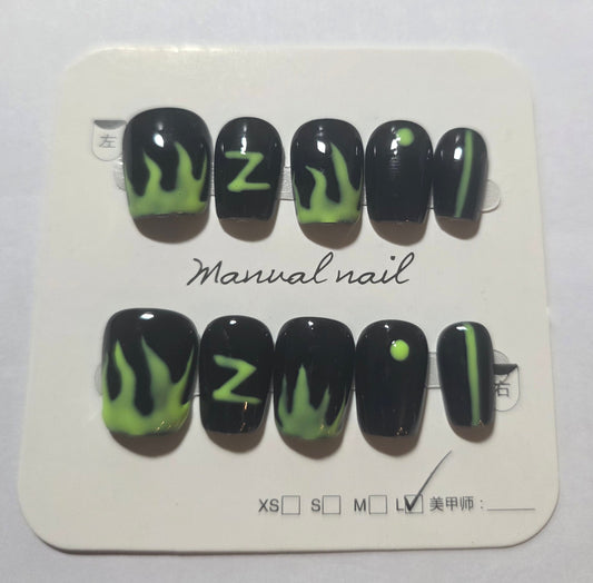 Ladies handmade reusable black and green patterned Halloween press on nails large