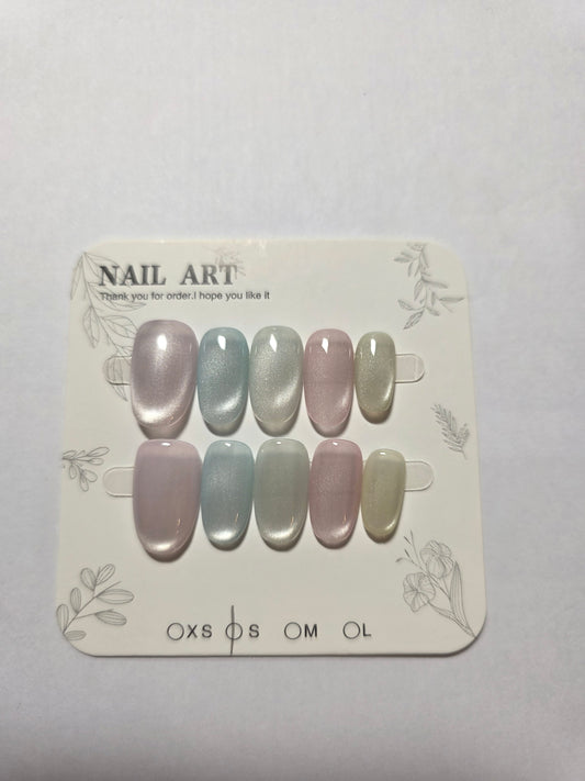 Ladies pastel blue green and pink cat eye press on nails small