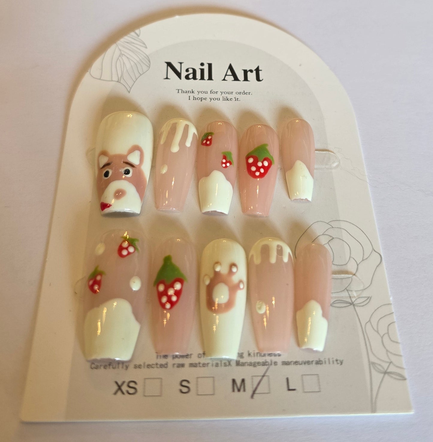 Ladies pink and white strawberry and cat paw cute design ballerina press on nails medium size
