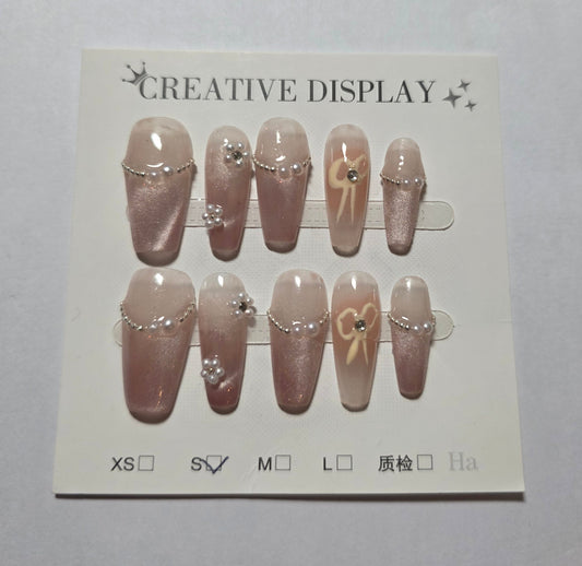 Ladies white with pink rose and elegant detail press on nails small