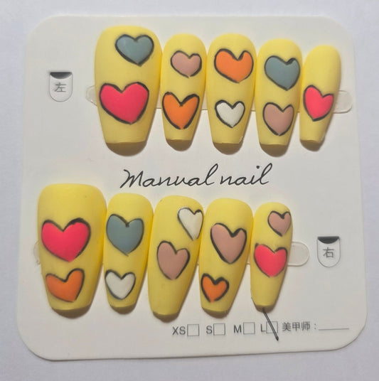 Ladies ballerina multi coloured love heart with yellow background press on nails large