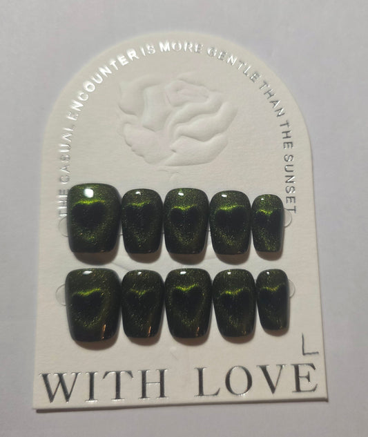 ladies ballerina forest green press on nails with shiny hearts large