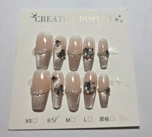 Ladies pink with light gold cateye tips with unique gem design press on nails small