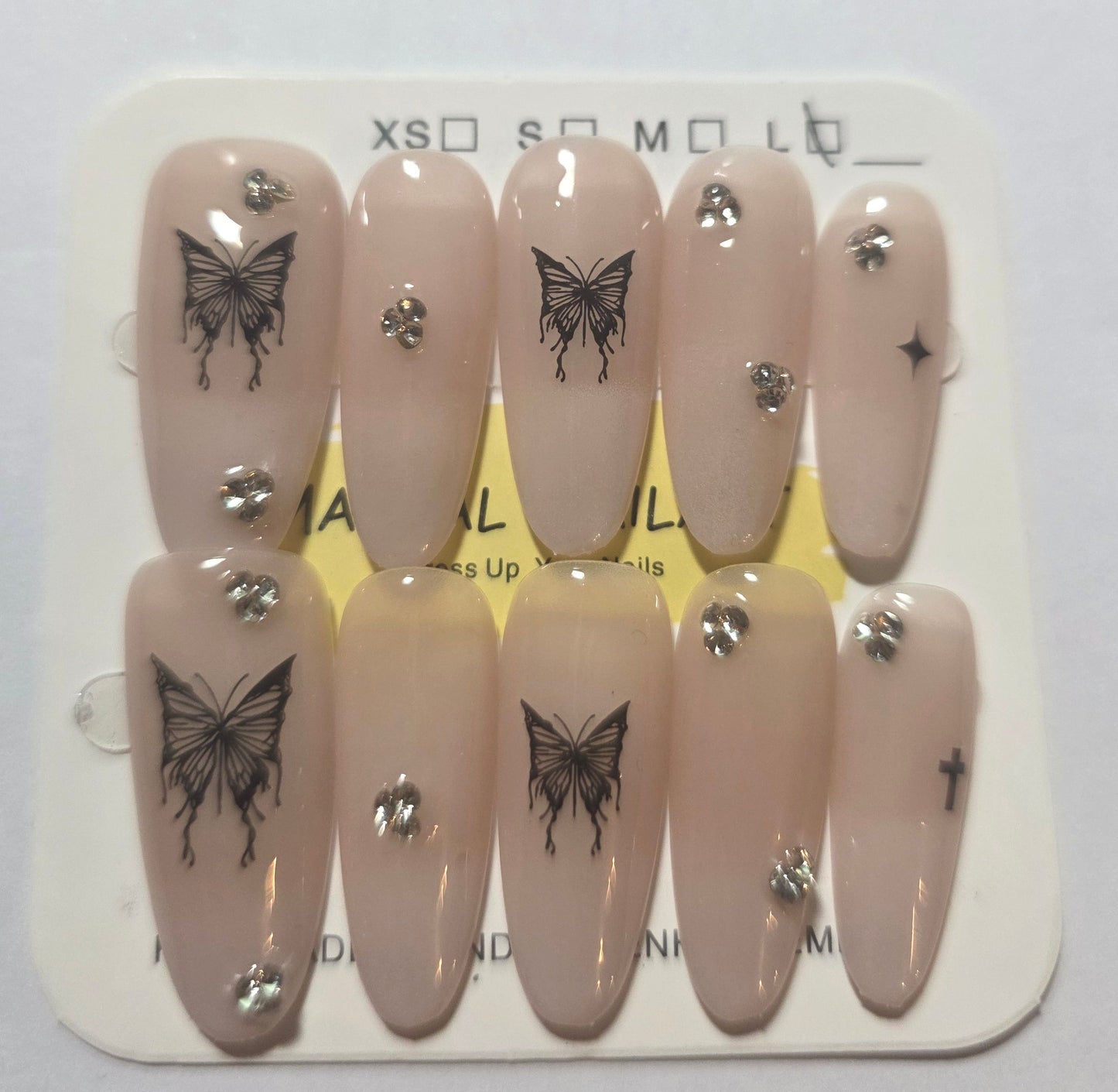 Ladies pink ombre with black butterfly and gems press on nails large