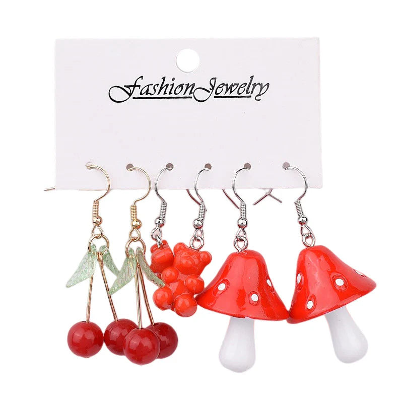 Ladies selection of 3 red dangle earrings choice of mushroom, bear and cherries