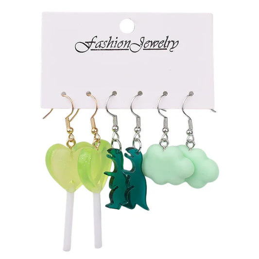 Ladies selection of 3 fun green dangling earrings [ lollipops, dinosaurs and clouds ]