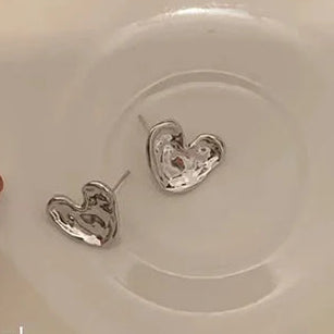 Ladies silver pin large heart mottled shaped earrings