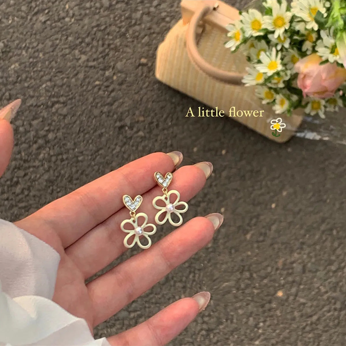 Ladies swirly white flower dangle earrings with cute golden and diamond love hearts