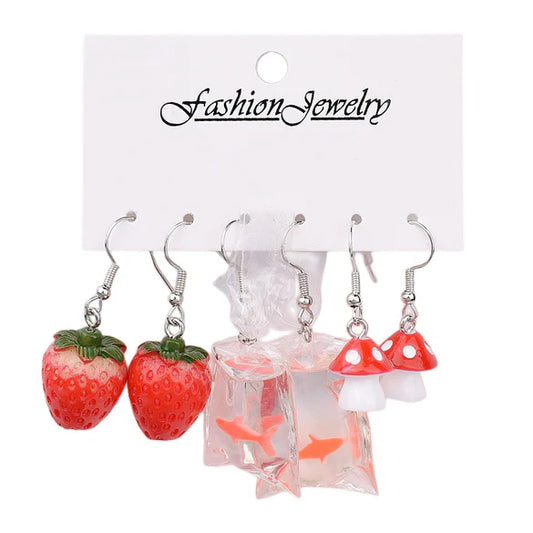 ladies selection of 3 fun red dangling earrings {strawberries, mushrooms and goldfishes.}