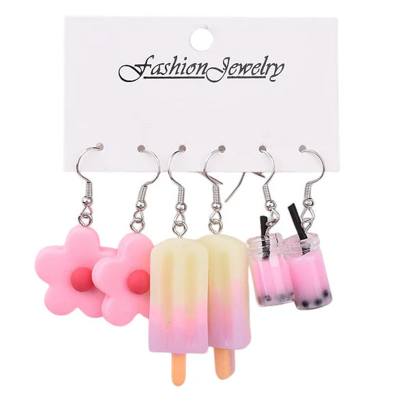 selection of 3 fun pink earrings [ flowers, ice lollies and boba]