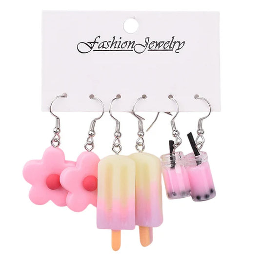 selection of 3 fun pink earrings [ flowers, ice lollies and boba]