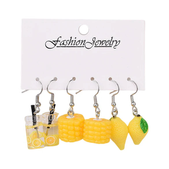 ladies selection of 3 fun yellow earrings [ lemons corn and lemonade ]