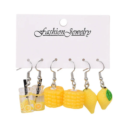 ladies selection of 3 fun yellow earrings [ lemons corn and lemonade ]