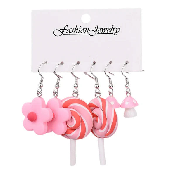ladies selection of 3 fun pink dangling earrings [ flowers, lollipops and mushrooms ]