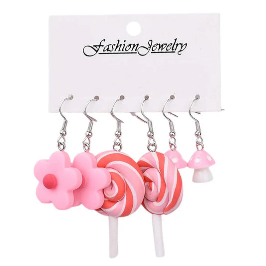 ladies selection of 3 fun pink dangling earrings [ flowers, lollipops and mushrooms ]